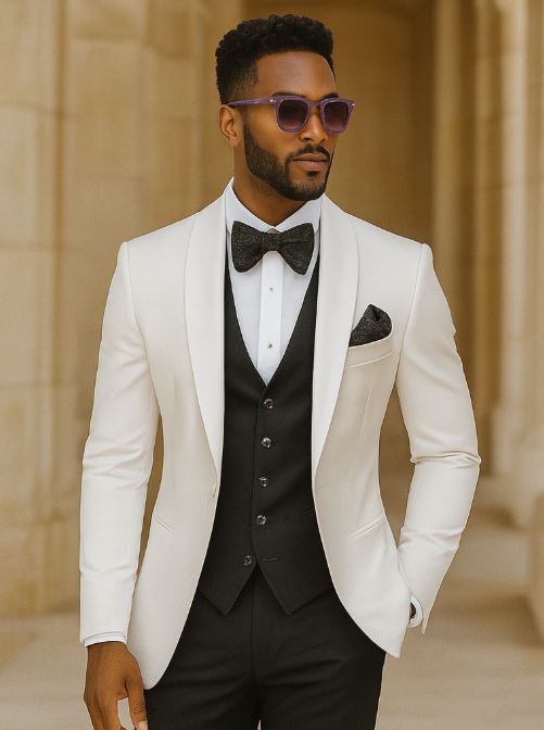 white-and-black-tuxedo-wedding-suit-white-dinner-jacket-vest-pants-bow-tie