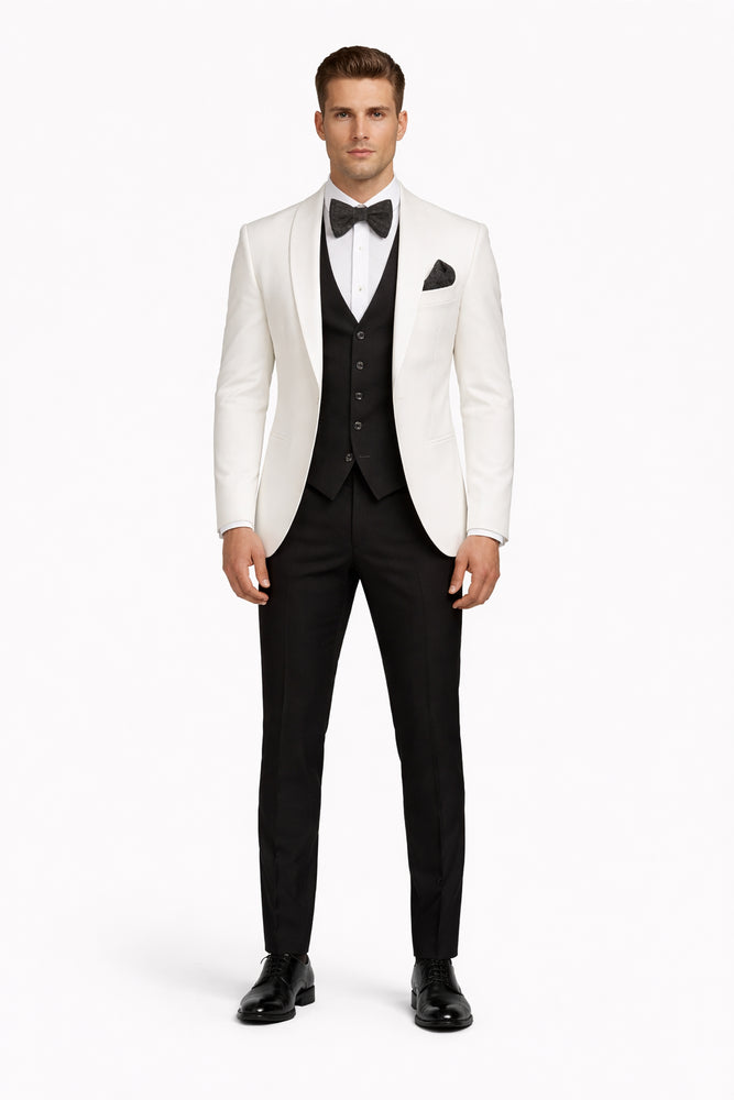 White and Black Tuxedo Wedding Suit - White Dinner Jacket + Vest + Pants + Bow-tie