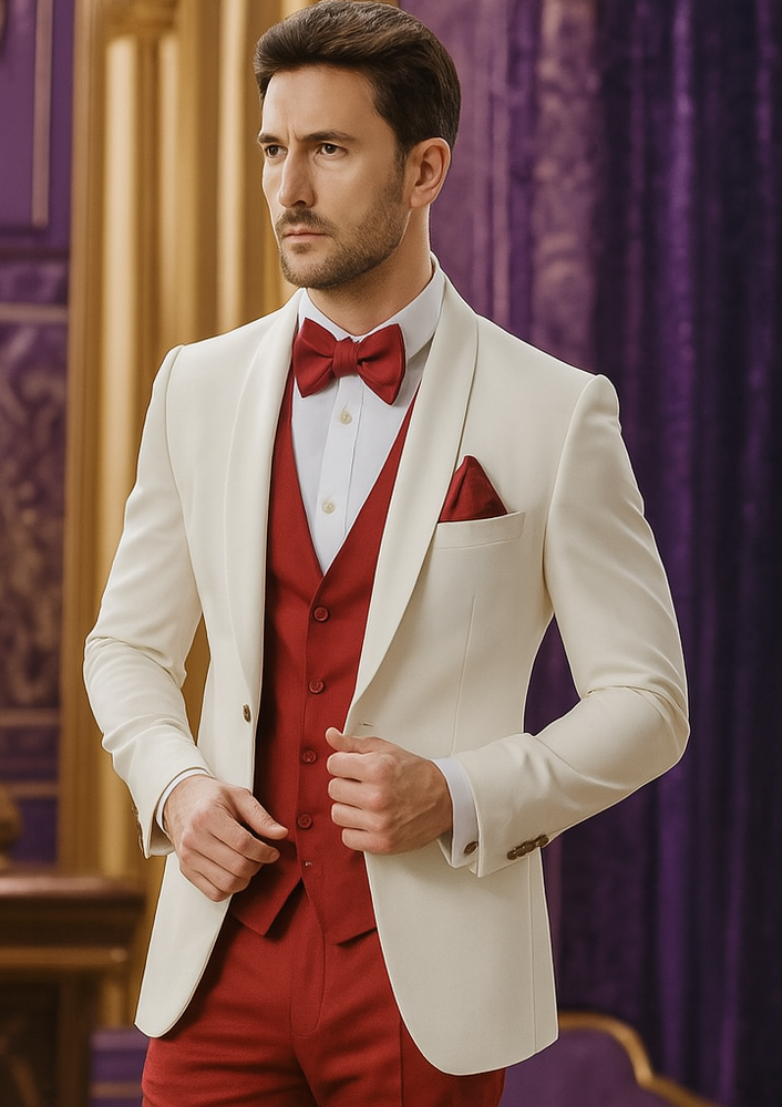 White and Red Tuxedo Wedding Suit - White Dinner Jacket + Vest + Pants + Bow-tie