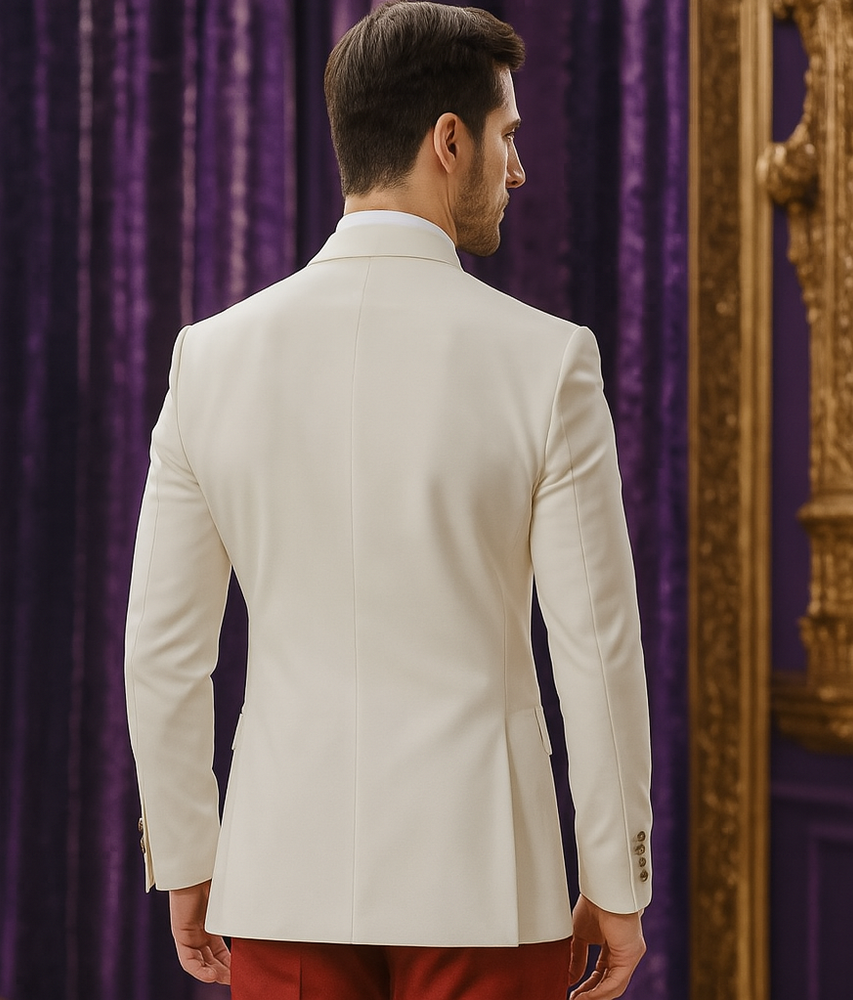 White and Red Tuxedo Wedding Suit - White Dinner Jacket + Vest + Pants + Bow-tie