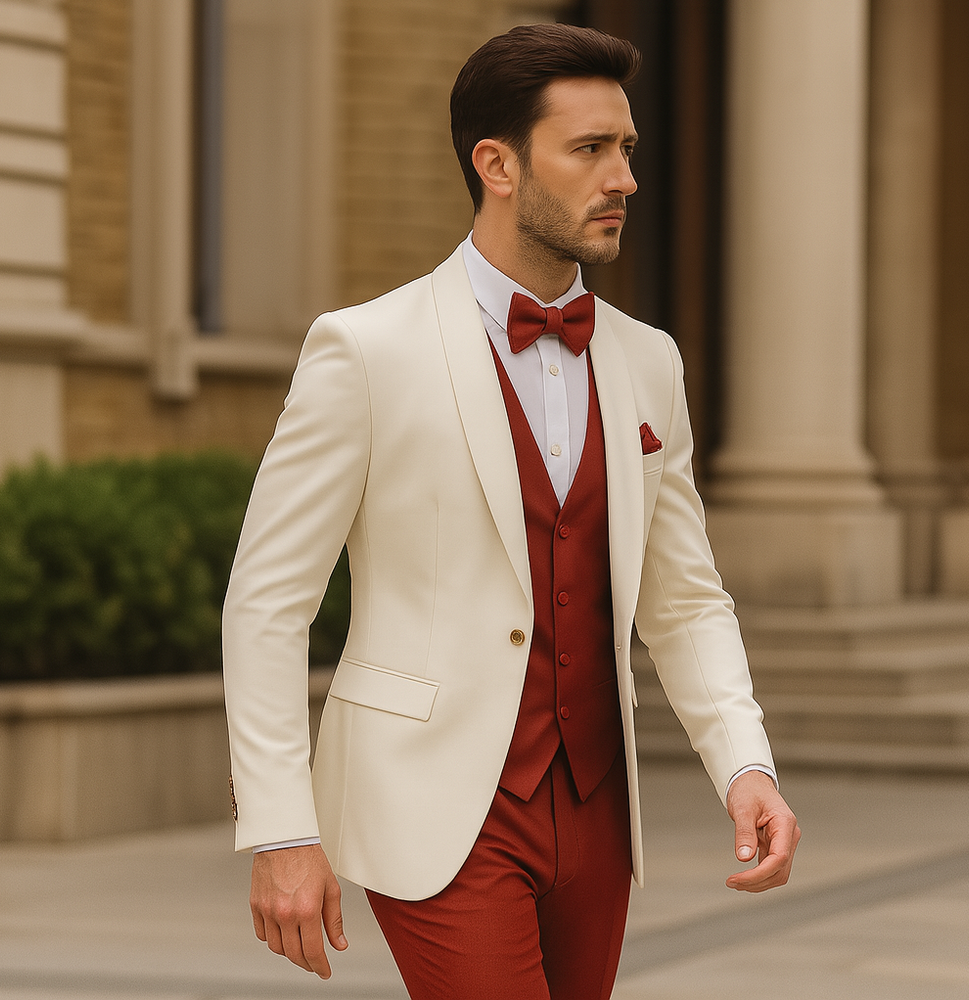 White and Red Tuxedo Wedding Suit - White Dinner Jacket + Vest + Pants + Bow-tie
