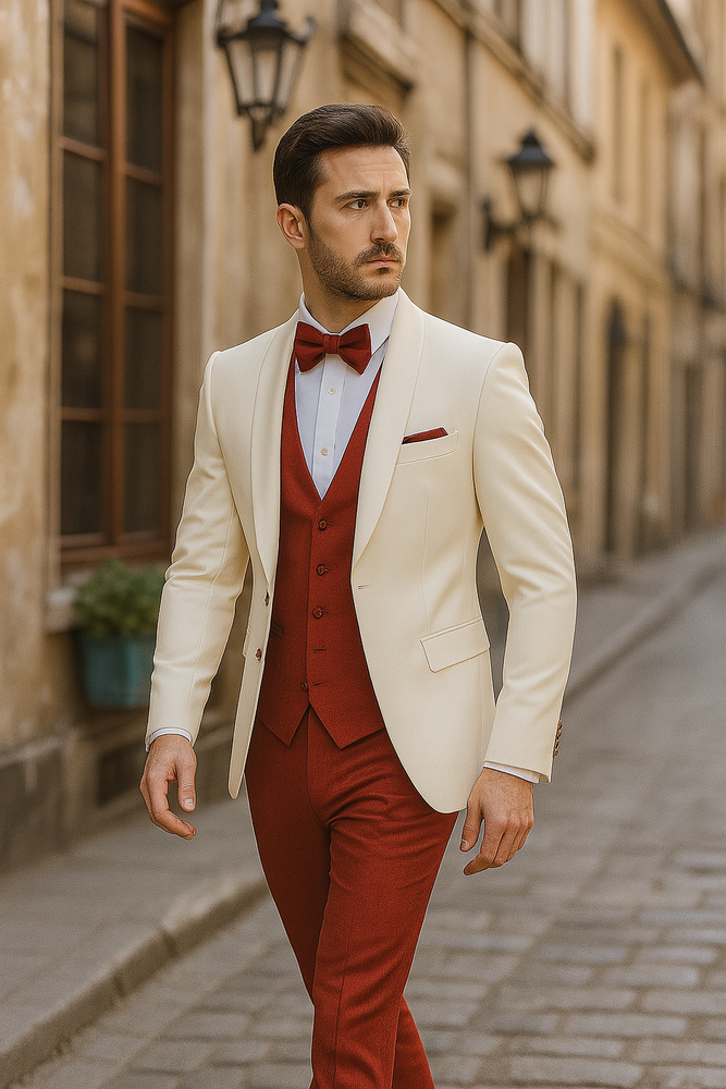 White and Red Tuxedo Wedding Suit - White Dinner Jacket + Vest + Pants + Bow-tie
