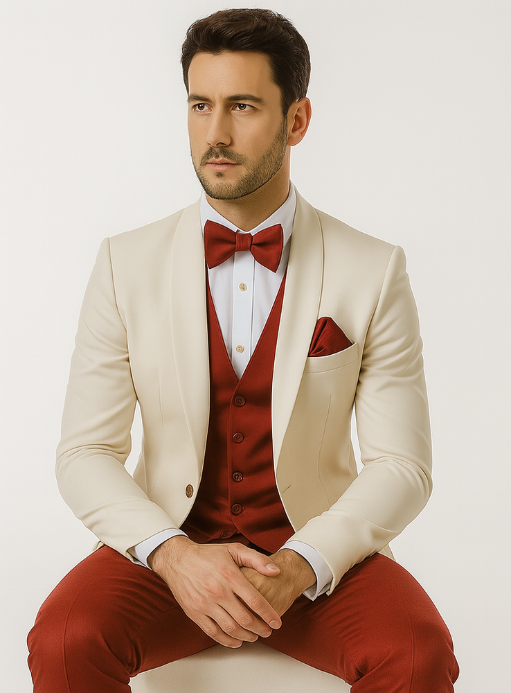 White and Red Tuxedo Wedding Suit - White Dinner Jacket + Vest + Pants + Bow-tie