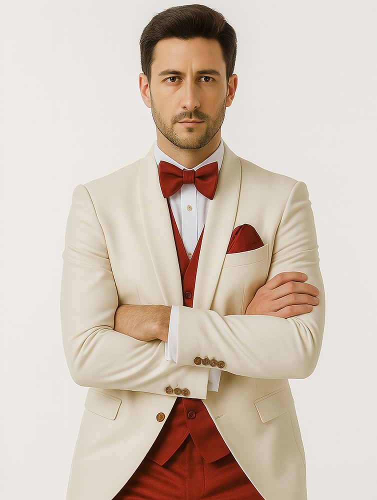 White and Red Tuxedo Wedding Suit - White Dinner Jacket + Vest + Pants + Bow-tie