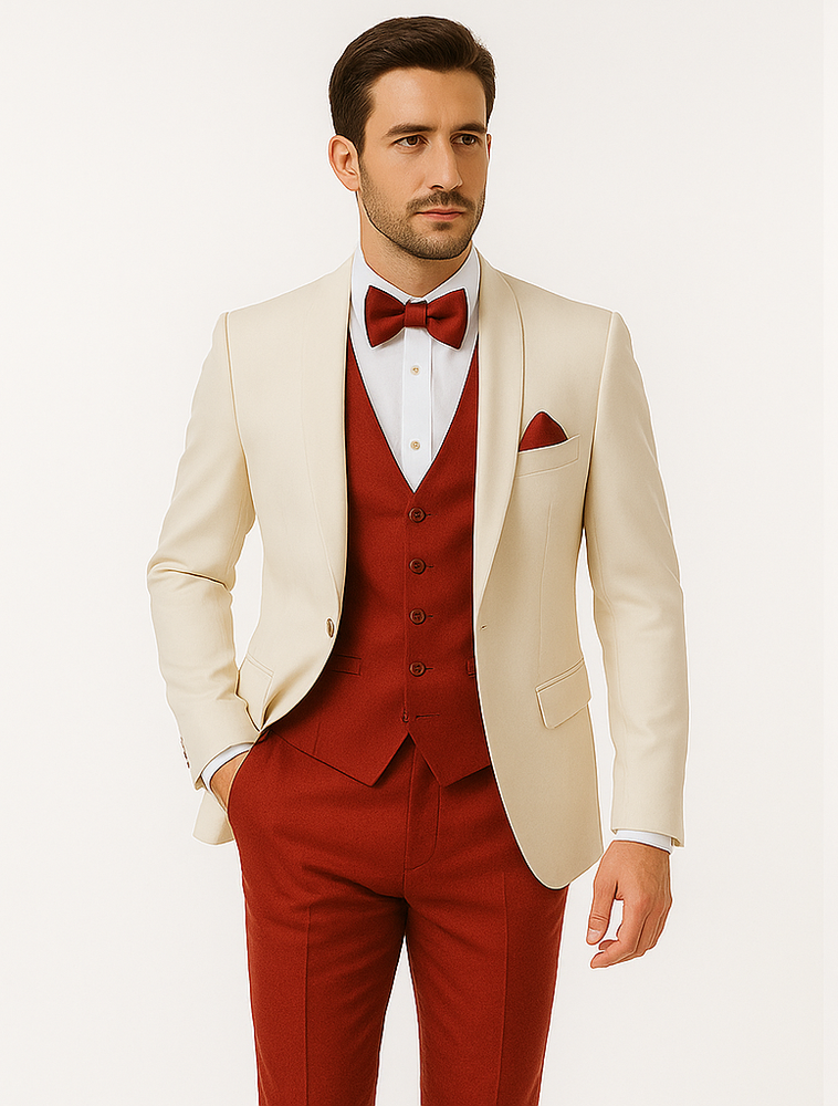 White and Red Tuxedo Wedding Suit - White Dinner Jacket + Vest + Pants + Bow-tie