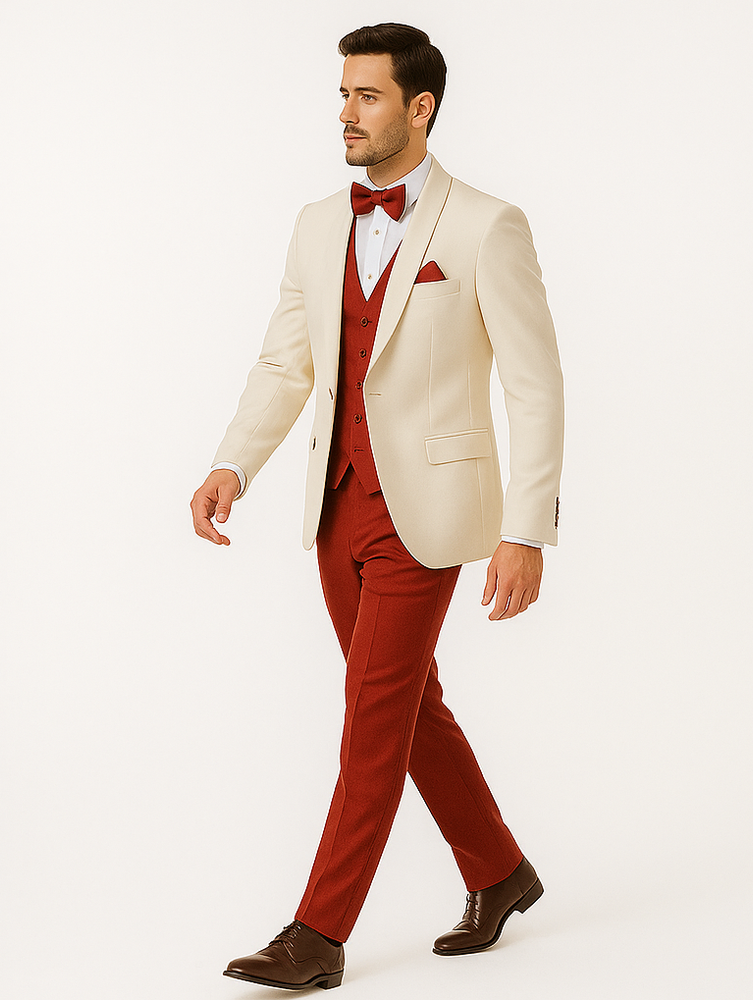 White and Red Tuxedo Wedding Suit - White Dinner Jacket + Vest + Pants + Bow-tie