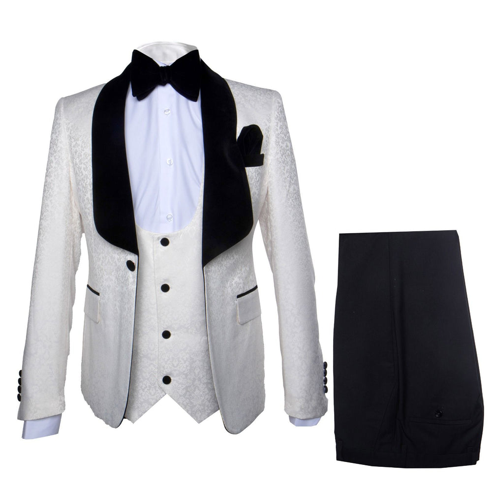 Ivory Noir Velvet-Lapel 3-Piece Tuxedo by Rossiman