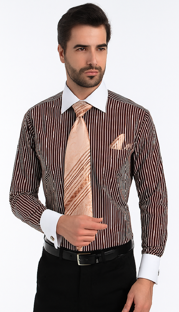 White Collared French Cuffed Brown Shirt & Tie Set Men's Dress Shirt