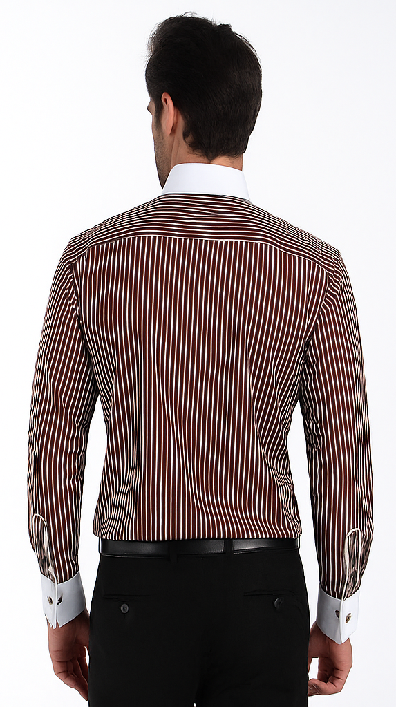White Collared French Cuffed Brown Shirt & Tie Set Men's Dress Shirt