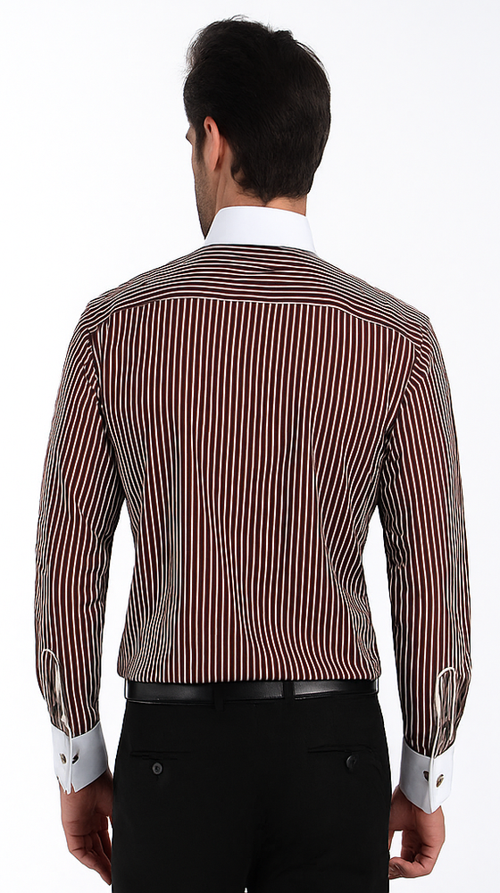 White Collared French Cuffed Brown Shirt & Tie Set Men's Dress Shirt