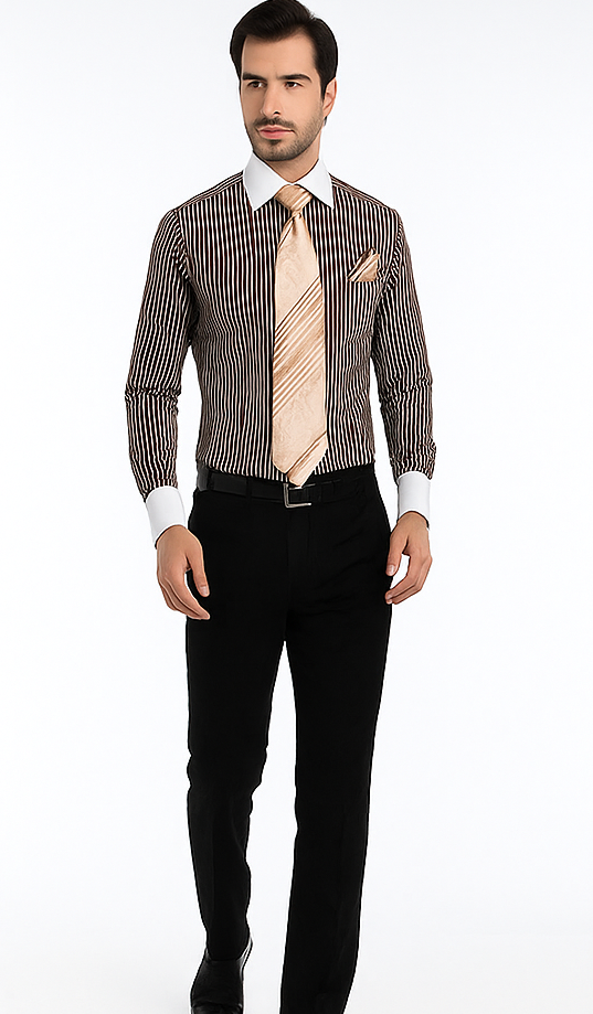 White Collared French Cuffed Brown Shirt & Tie Set Men's Dress Shirt