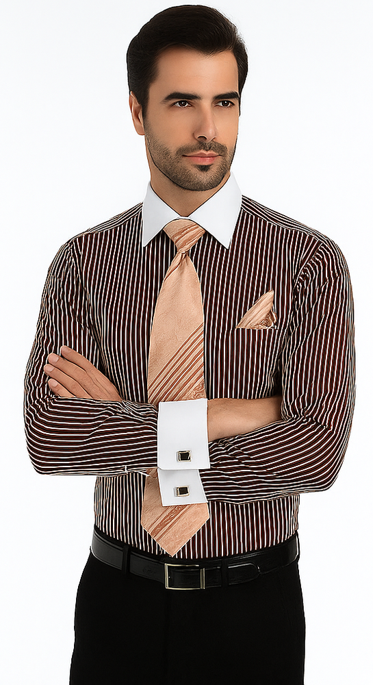 White Collared French Cuffed Brown Shirt & Tie Set Men's Dress Shirt