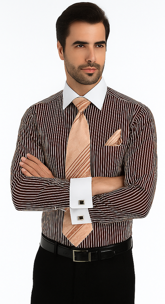 White Collared French Cuffed Brown Shirt & Tie Set Men's Dress Shirt