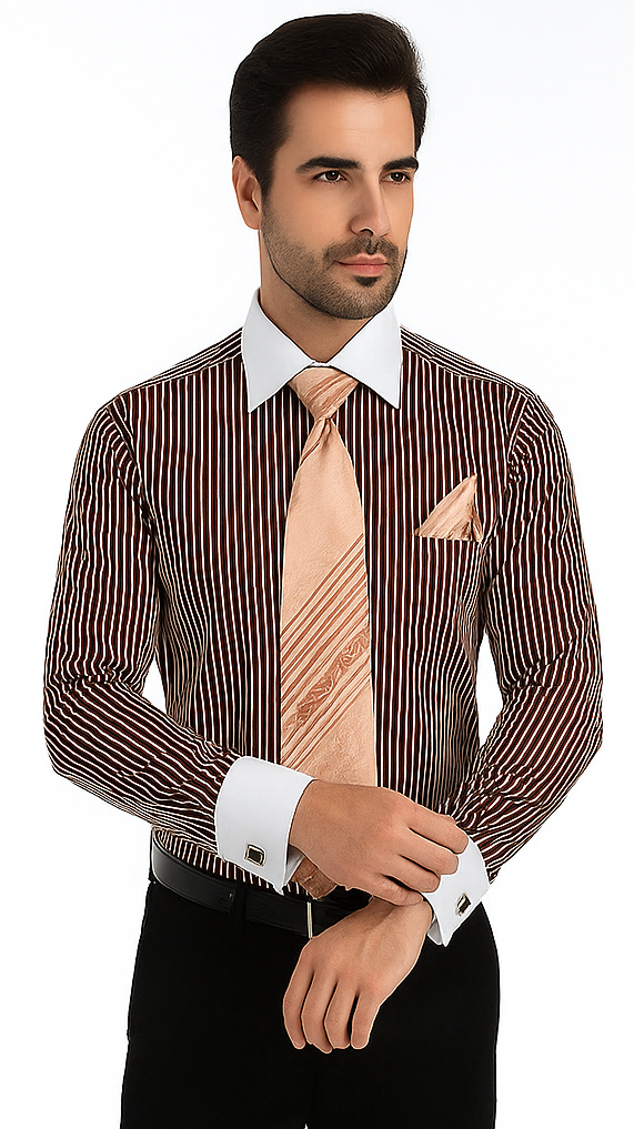 White Collared French Cuffed Brown Shirt & Tie Set Men's Dress Shirt