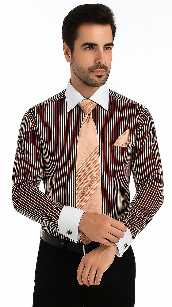 White Collared French Cuffed Brown Shirt & Tie Set Men's Dress Shirt