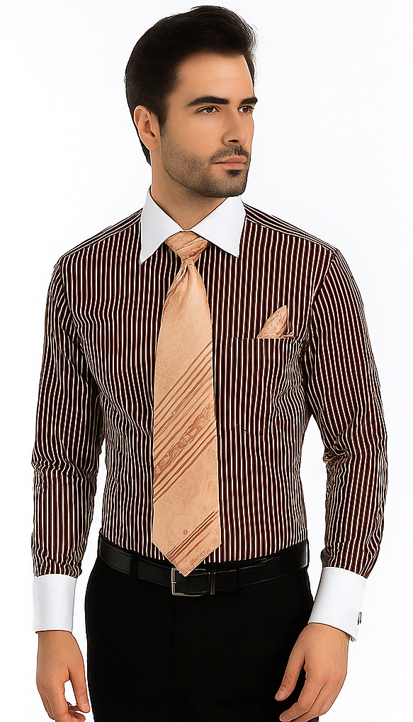 White Collared French Cuffed Brown Shirt & Tie Set Men's Dress Shirt