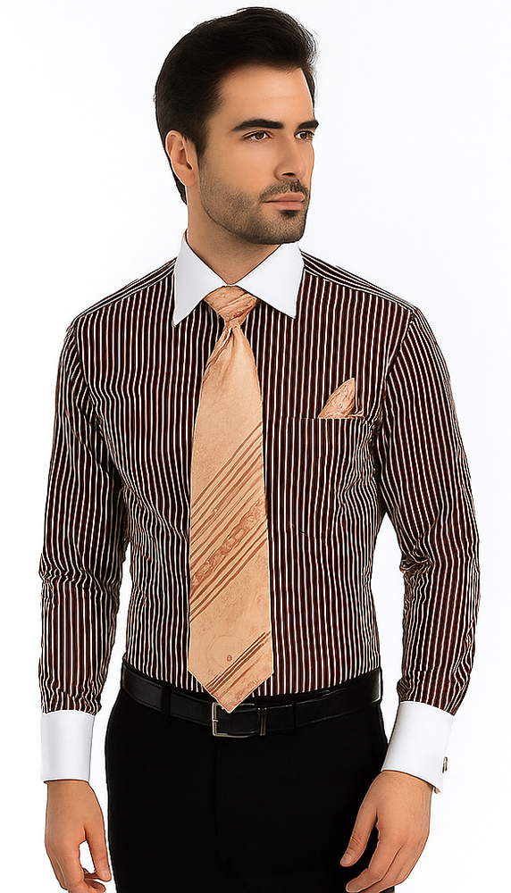 White Collared French Cuffed Brown Shirt & Tie Set Men's Dress Shirt