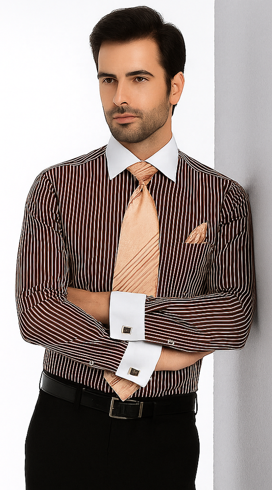 White Collared French Cuffed Brown Shirt & Tie Set Men's Dress Shirt