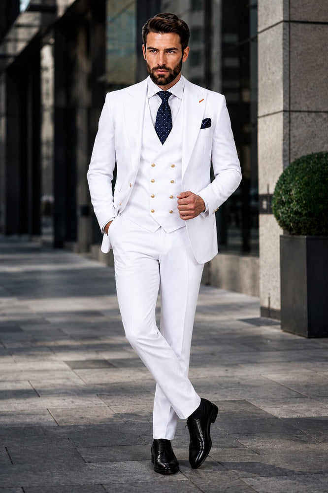 Men's White Statement Ticket Pocket Peak Lapel Wool Double Breasted Vest Suit with Gold Buttons – Modern Fit