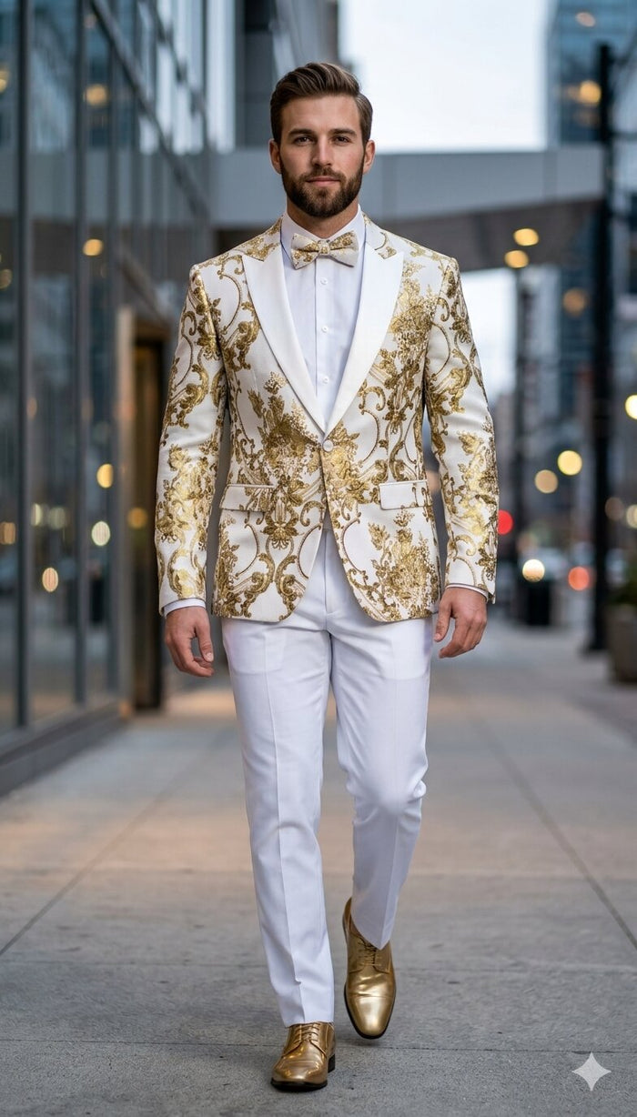Mens White and Gold Floral Tuxedo Jacket with Satin Lapel – Luxury Prom, Wedding and Formal Dinner Blazer