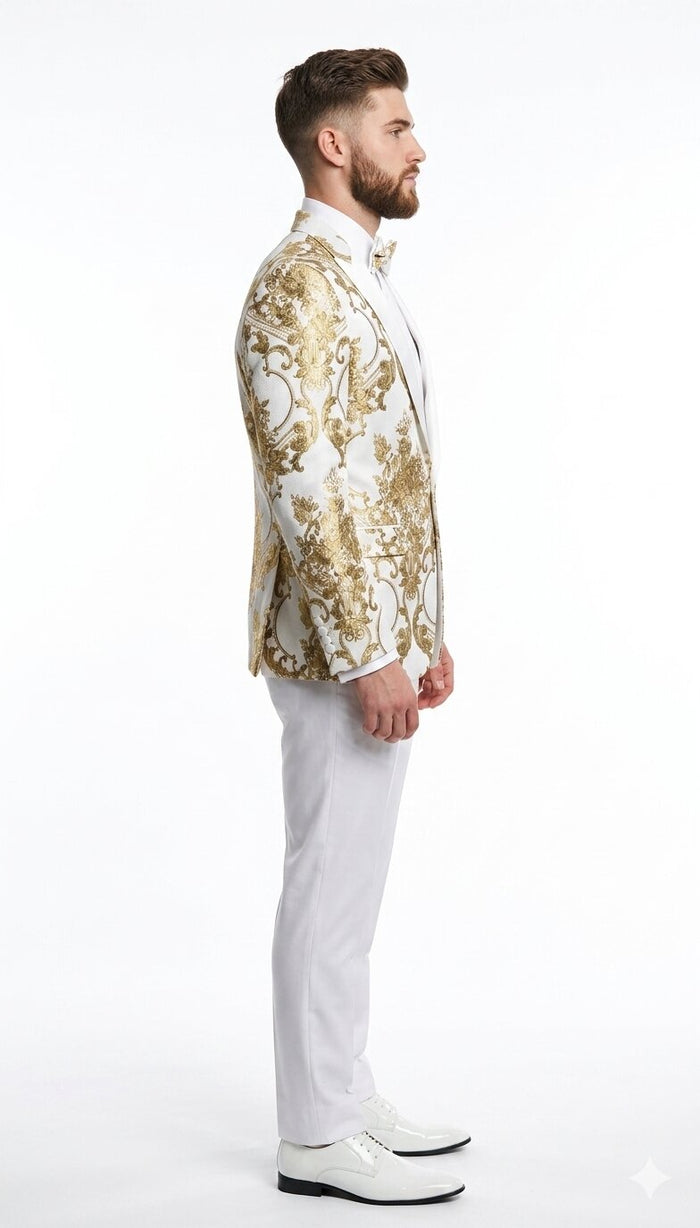 Mens White and Gold Floral Tuxedo Jacket with Satin Lapel – Luxury Prom, Wedding and Formal Dinner Blazer