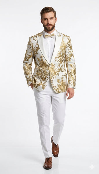 Mens White and Gold Floral Tuxedo Jacket with Satin Lapel – Luxury Prom, Wedding and Formal Dinner Blazer