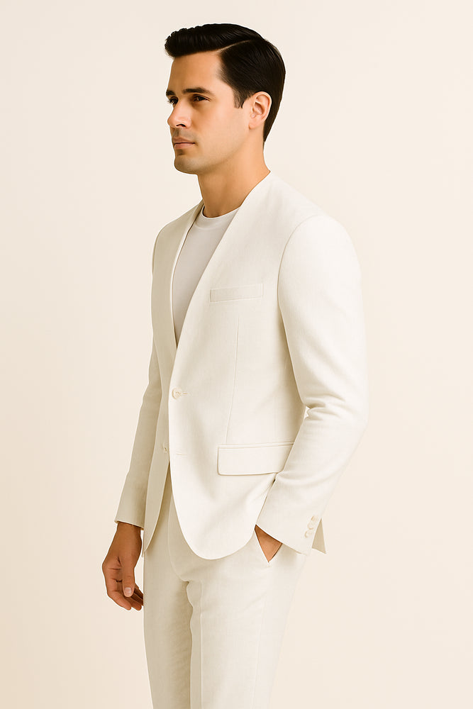 White Linen Suit For Summer - Collarless Blazer and Pants Collarless Lapel - No Lapel Casual!