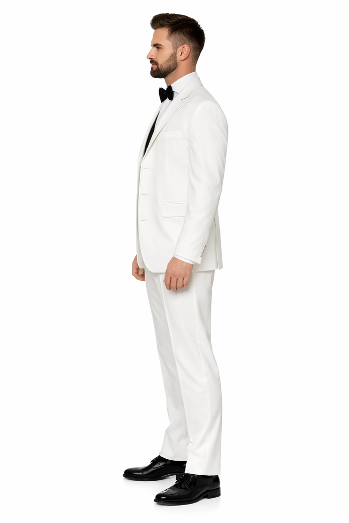 White Men's Tuxedo 2 Buttons Tuxedo Suit + Black Vest + Tuxedo Shirt & Bow Tie Package Combo ~ Combination