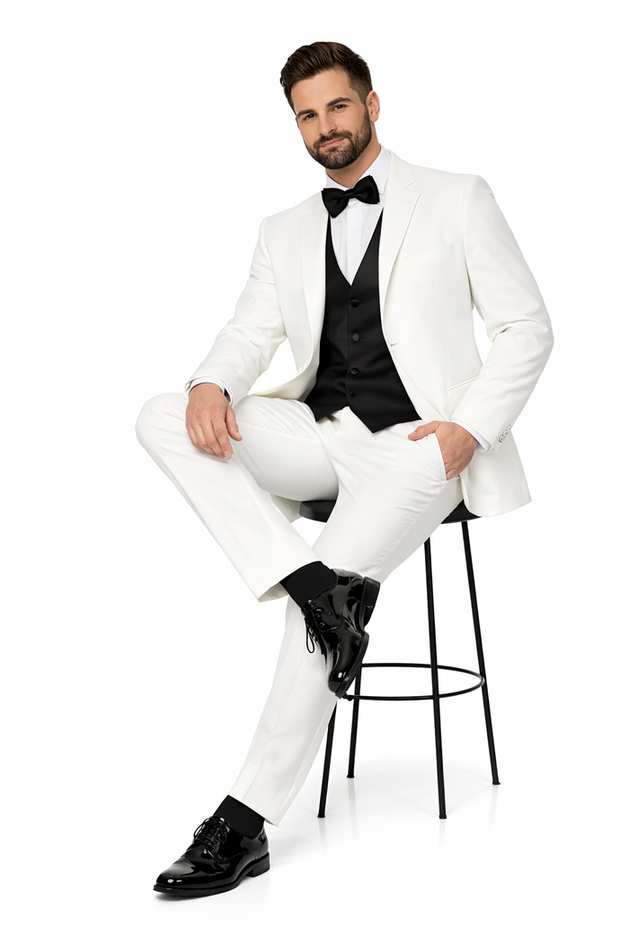 White Men's Tuxedo 2 Buttons Tuxedo Suit + Black Vest + Tuxedo Shirt & Bow Tie Package Combo ~ Combination