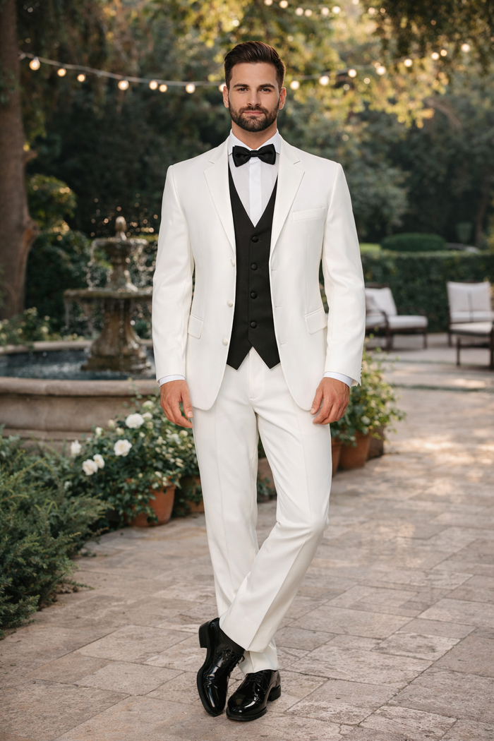 White Men's Tuxedo 2 Buttons Tuxedo Suit + Black Vest + Tuxedo Shirt & Bow Tie Package Combo ~ Combination