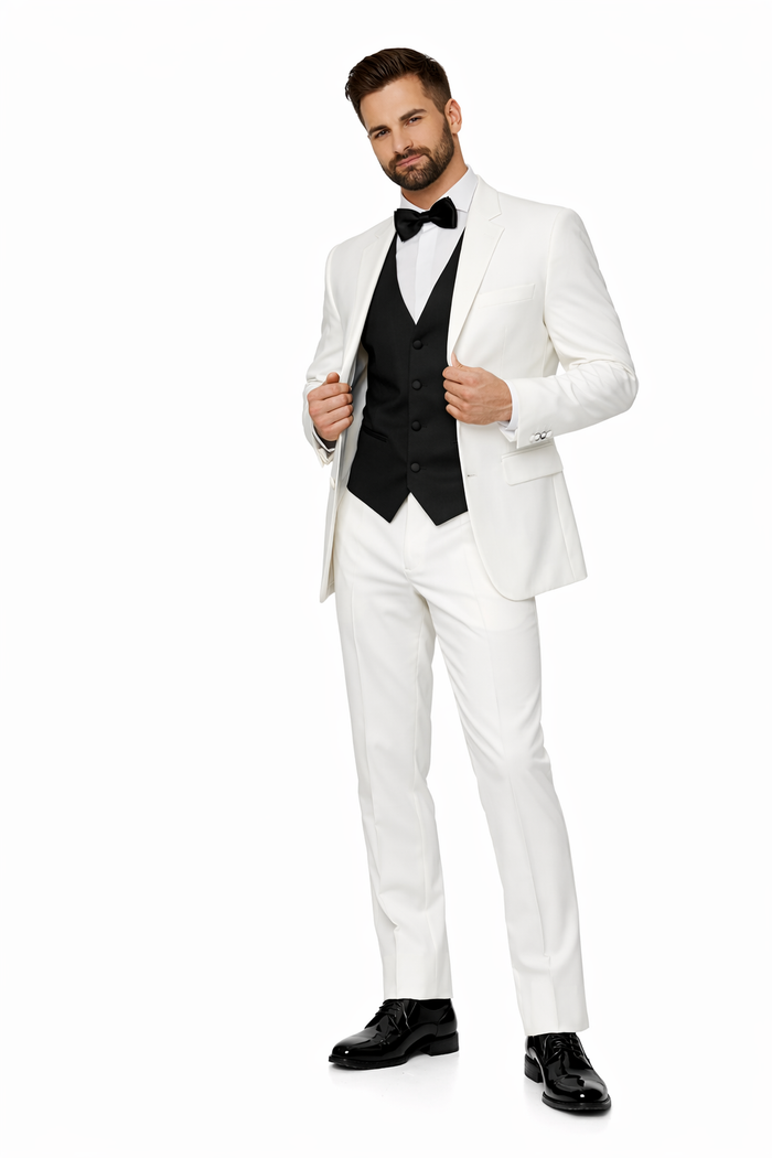 White Men's Tuxedo 2 Buttons Tuxedo Suit + Black Vest + Tuxedo Shirt & Bow Tie Package Combo ~ Combination