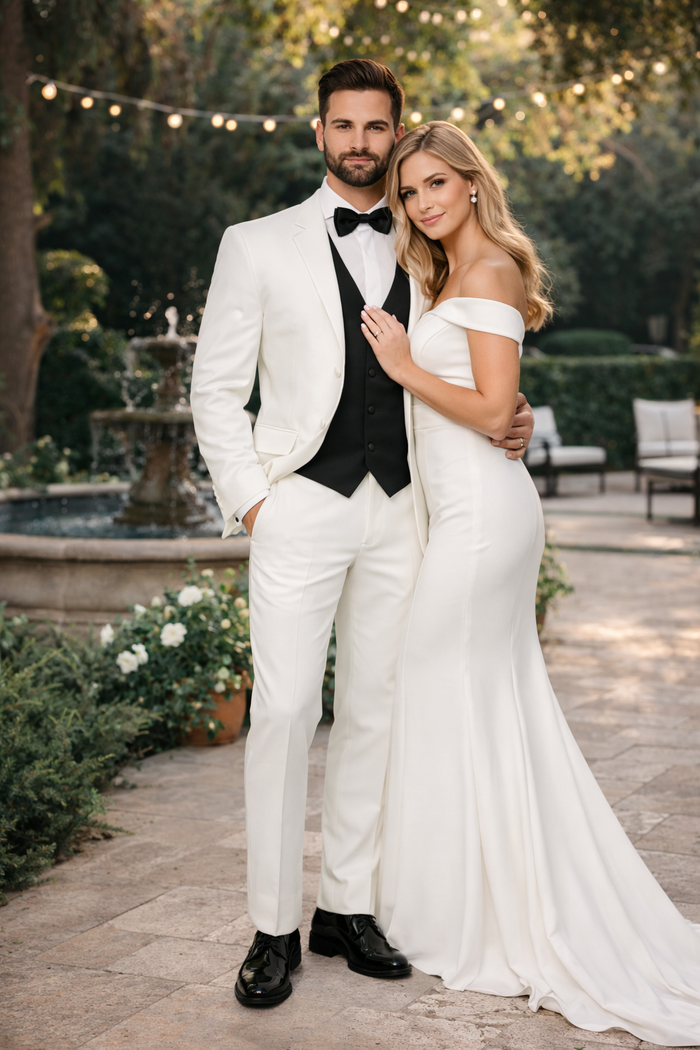 White Men's Tuxedo 2 Buttons Tuxedo Suit + Black Vest + Tuxedo Shirt & Bow Tie Package Combo ~ Combination