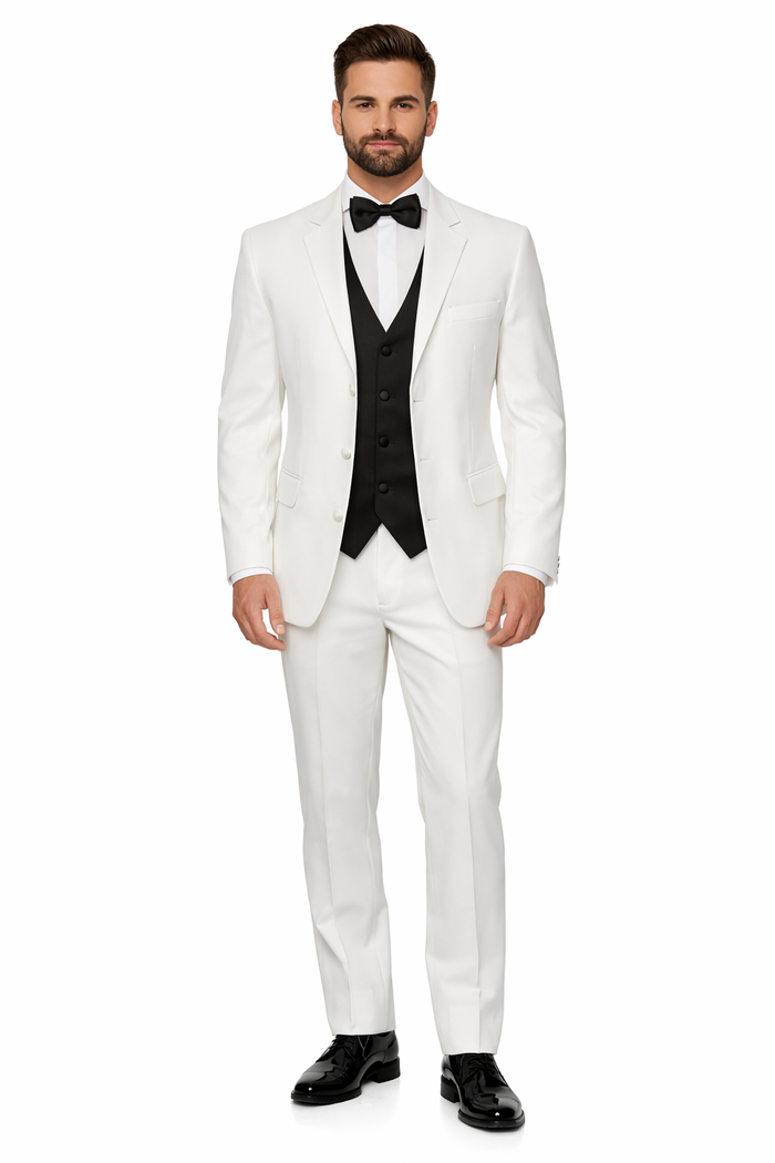 White Men's Tuxedo 2 Buttons Tuxedo Suit + Black Vest + Tuxedo Shirt & Bow Tie Package Combo ~ Combination