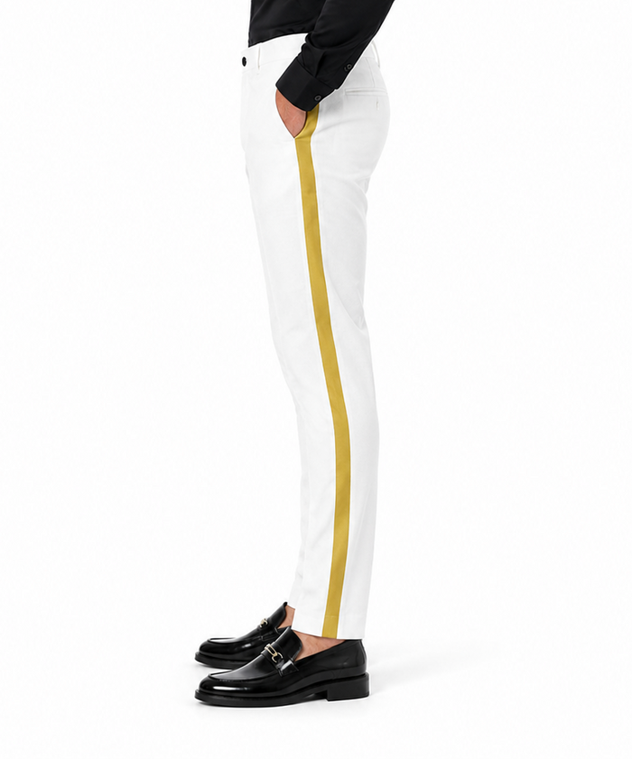 White Tuxedo With Gold Sateen Stripe Pants
