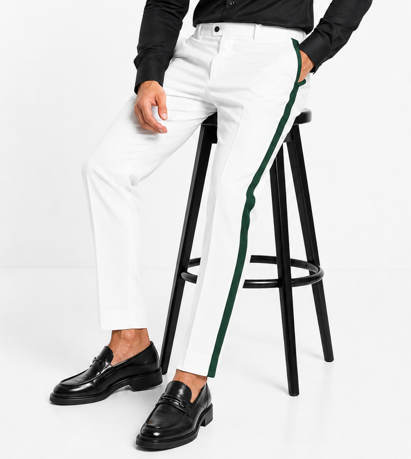 White Tuxedo With Gold Sateen Stripe Pants