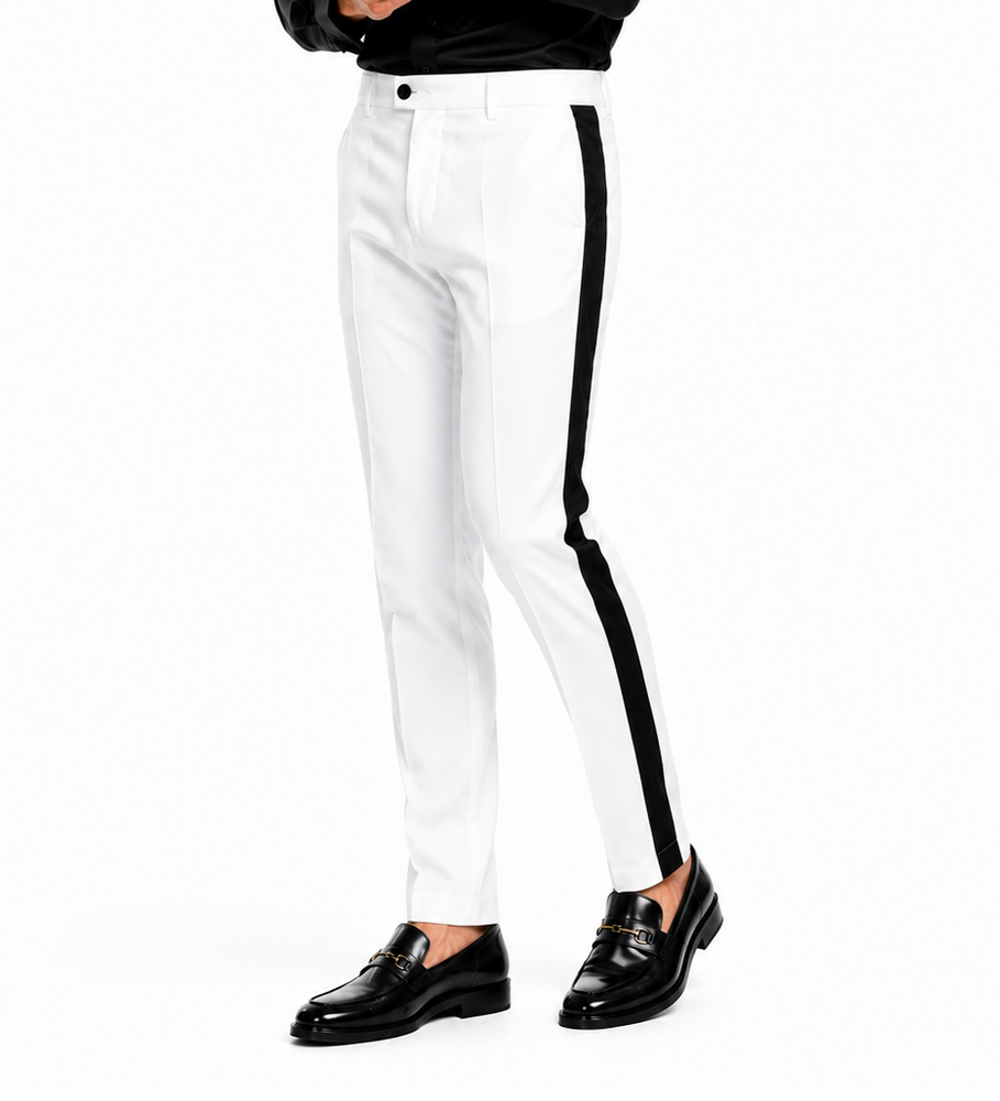 White Tuxedo With Gold Sateen Stripe Pants