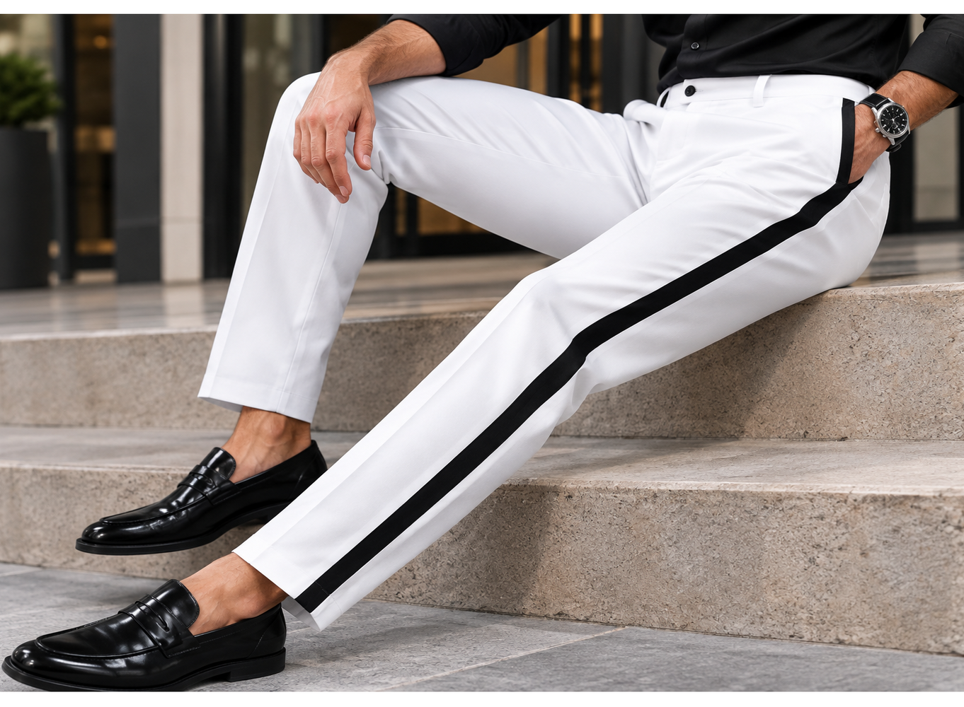 White Tuxedo With Gold Sateen Stripe Pants