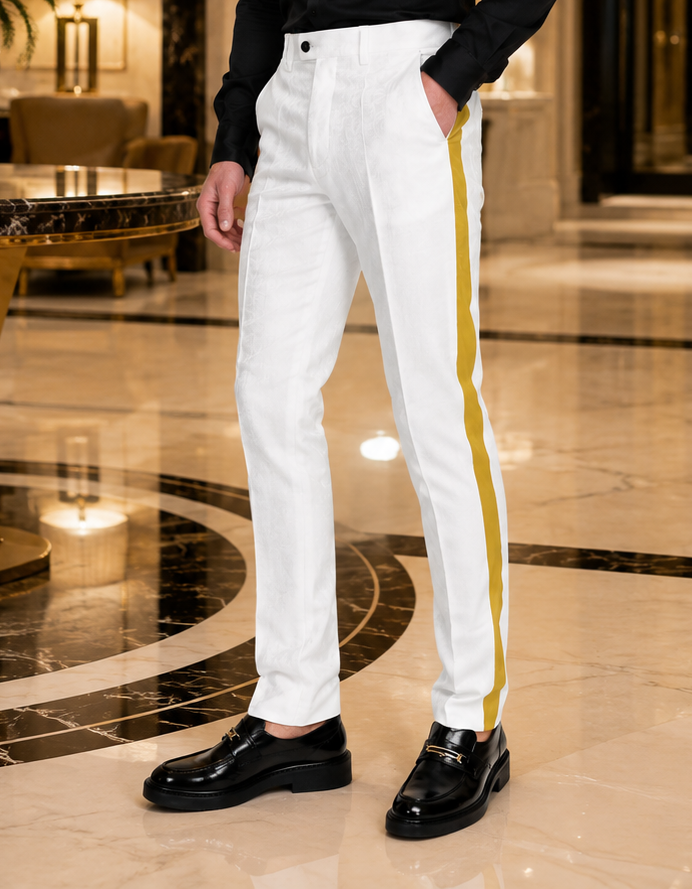 White Tuxedo With Gold Sateen Stripe Pants