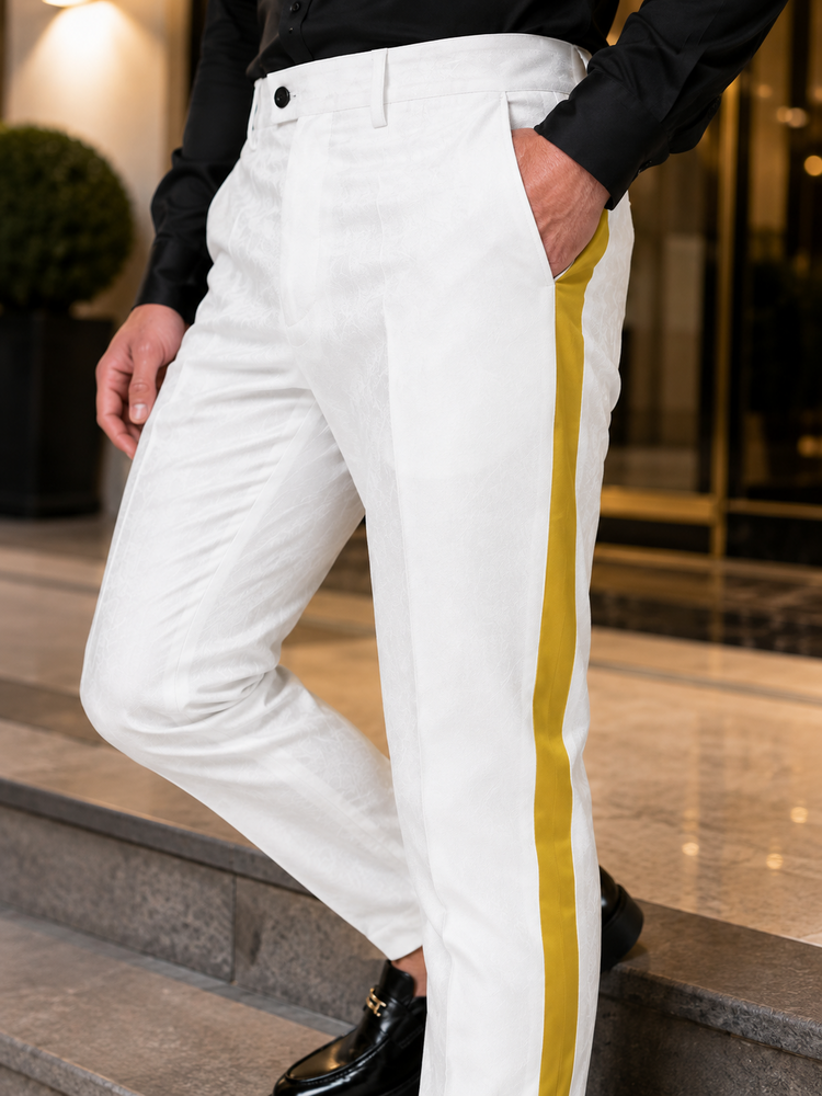 White Tuxedo With Gold Sateen Stripe Pants