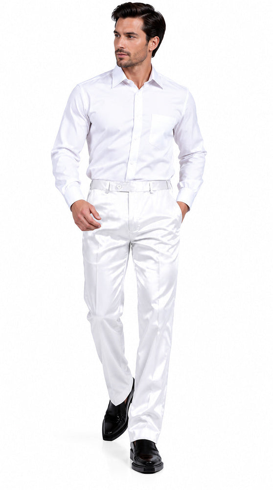 Mens Shiny Stretch Pants Solid Color Slim Fit Sateen Flashy Metallic Slacks in Color "White"