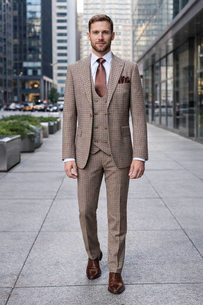 Rossiman Windsor Tan Mini-Check Double-Breasted 3-Piece Heritage Suit