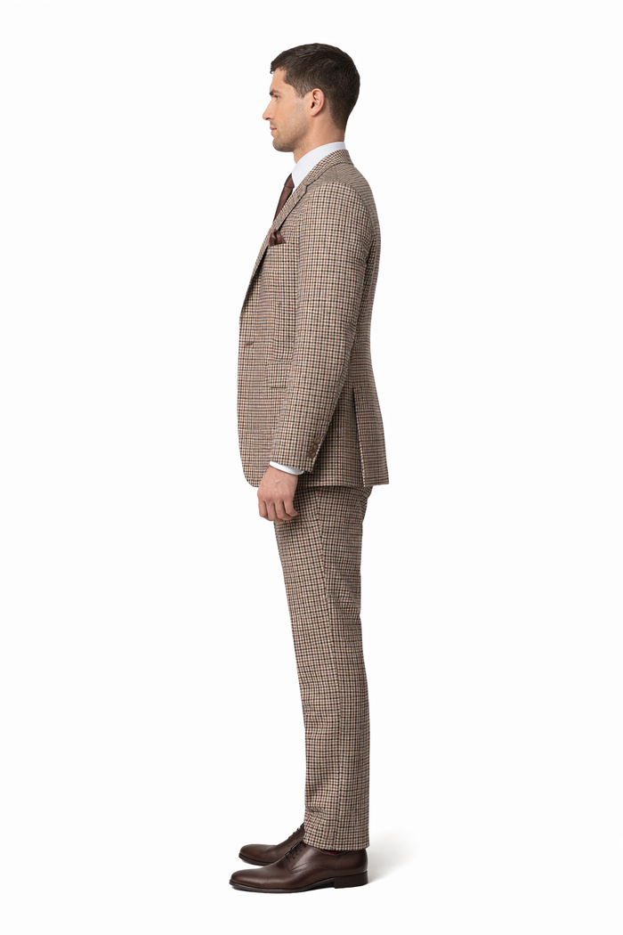 Rossiman Windsor Tan Mini-Check Double-Breasted 3-Piece Heritage Suit