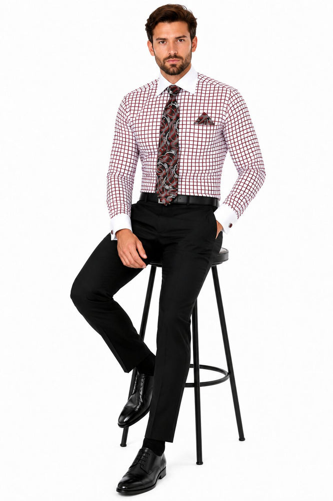 Daniel Ellissa Checked Pattern Two Tone French Cuff Burgundy ~ Wine ~ Maroon Color White Collar Big and Tall Sizes Two Toned Contrast 18 19 20 21 22 Inch Neck Men's Dress Shirt