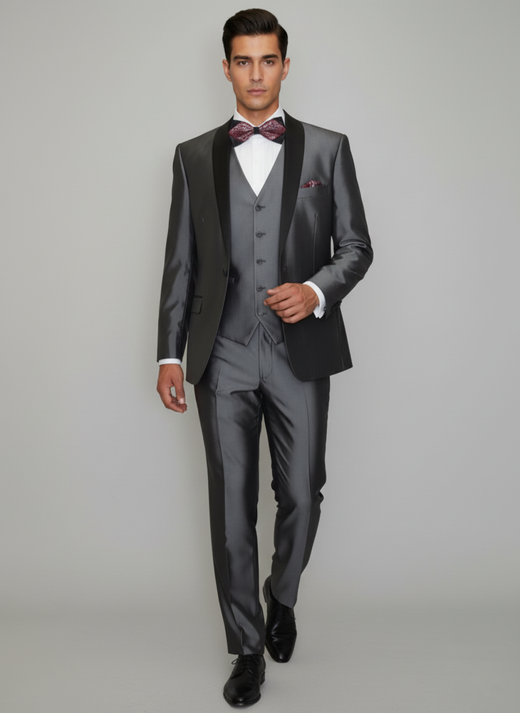 Men's Gray Black Shawl Tuxedo Slim Fitted 3 Piece Two Toned Shiny Sharkskin Suit