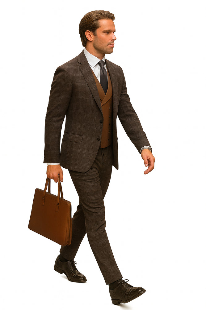 Athletic Suit - Brown Windowpane - Plaid Suit Modern Fit Side Vented Super 150's Wool Fabric