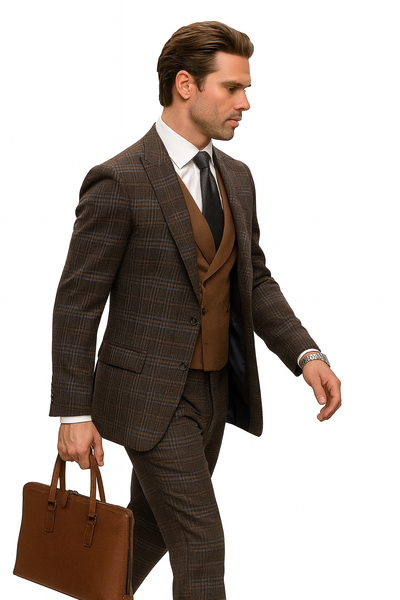 Athletic Suit - Brown Windowpane - Plaid Suit Modern Fit Side Vented Super 150's Wool Fabric