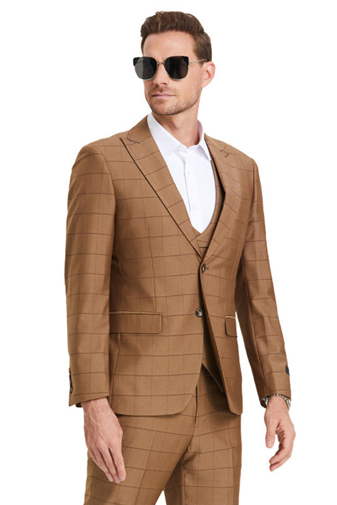 Men's Sharkskin Vested Suit in Camel Windowpane
