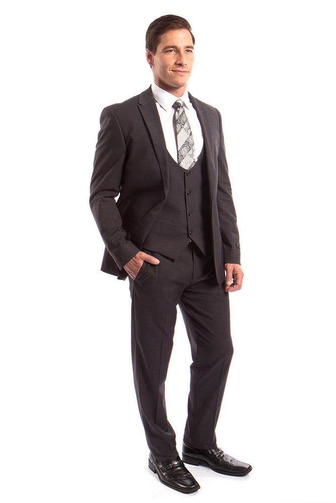 Men's Dark Grey Peak Lapel Suit with Lowcut Vest