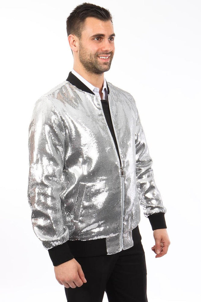Men's Silver Sequin Bomber Jacket by Tazzio Suits