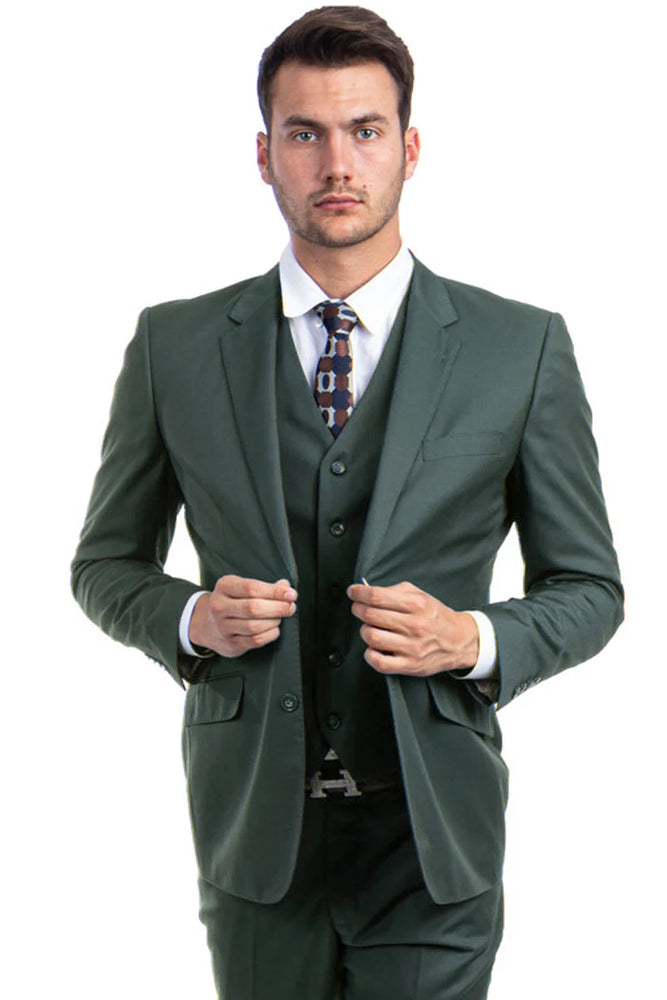 Zegarie Suits - Men's Designer Two Button Modern Fit Vested Wool Suit in Olive Green